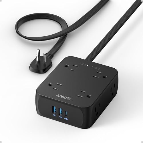 Anker Surge Protector Flat Plug Power Strip 2000J, 10ft Thin Extension Cord, 8 Outlets,2 USB A and 1 USB C Port,20W for iPhone15,Wall Mount,Compact for Home,Office,Room,TUV Listed