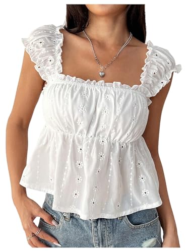 SweatyRocks Women's Square Neck Boho Ruffle Eyelet Embroidery Blouses Peplum Tops