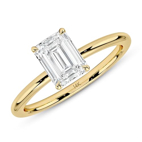 MAX + STONE 1.5 Carat Emerald Shaped Cubic Zirconia Solitaire Engagement Ring for Women | 14k Gold Engagement Ring | Simulated Diamond Ring | Yellow Gold CZ Engagement Ring