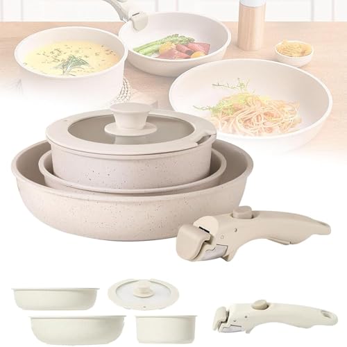 MIDUOLAI 11-Piece Ceramic Nonstick Cookware Set, Detachable Handle, Stackable Space Saving Kitchen Essential, Non Toxic Free Pots & Pans, Induction & Oven Safe,White,5pcs