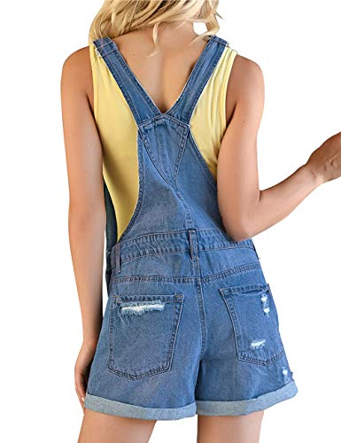 Grapent Women's Casual Ripped Stretchy Denim Shortalls Adjustable Straps Cuffed Hem Summer Bib Overall Jean Shorts Medium Blue Color Size Large #TOP2