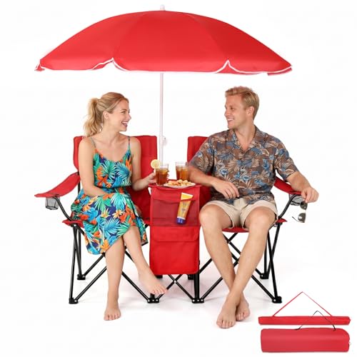Outvita Folding Double Camping Chair w/Umbrella Beverage Holder Carrying Bag Cooler Fold Up Table, Large Bearing Capacity for Beach Patio Pool Park Outdoor Red