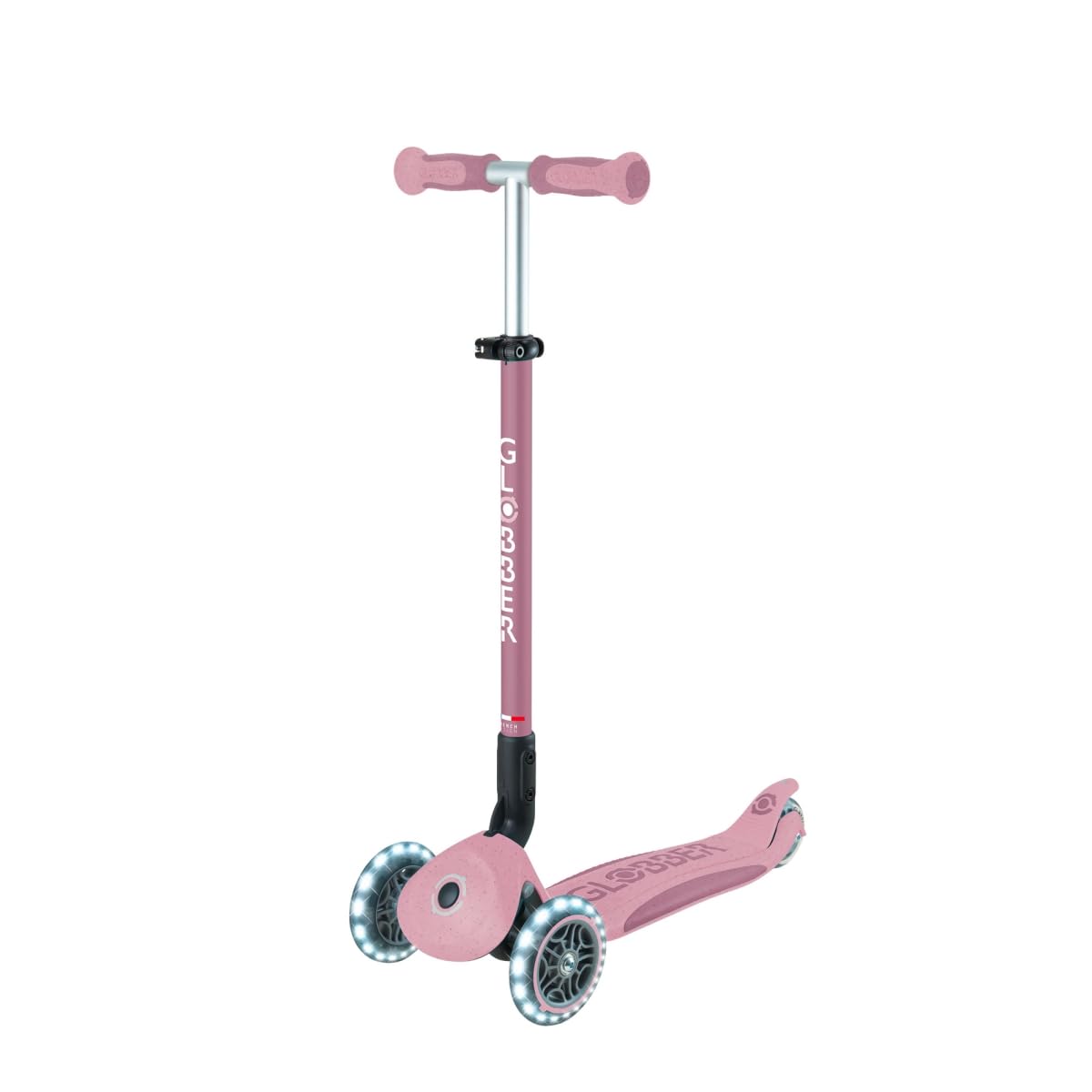 Globber - GO•UP DELUXE LIGHTS ECO 360 - monopattino evolutivo a 3 ruote con seduta girevole a 360°, poggiapiedi, luci LED e materiali sostenibili, per bambini da 15 mesi a 6 anni - rosa bacca