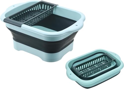 NALACAL Dish Basin with Drain Plug and Drainage Rack, Collapsible Multiuse Sink Tub Dishpan, 11L Portable Foldable Kitchen Storage Tray for Vegetable Washing Outdoor Camping RV (Green)