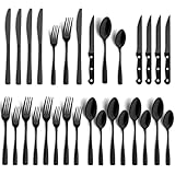 BEWOS 24-Pieces Black Silverware Set for 4 - Stainless Steel Flatware Set with Mirror Polish, Silverware Set Including Steak Knives, Forks and Spoons, Dishwasher Safe for Restaurant and Home