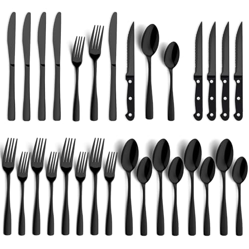BEWOS 24-Pieces Black Silverware Set for 4 - Stainless Steel Flatware Set with Mirror Polish, Silverware Set Including Steak Knives, Forks and Spoons, Dishwasher Safe for Restaurant and Home