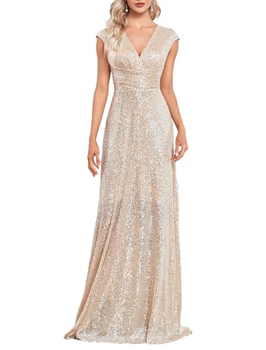 A-Line Party Dresses Sparkle&Shine V Neck Floor Length Formal Dresses with Sequined 2024