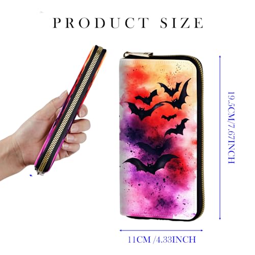 RFID Blocking Women's Wristlet Purse - Detachable Wrist Strap, Compact Foldable Design with 12 Card Slots & Zip Pocket Wallet for Travel,Gym,Watercolor Bats Halloween2