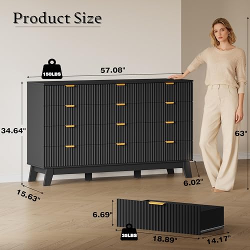 Image of BORNOON 57 inch Wide Dresser for Bedroom, 12-Drawer Fluted Dresser with Metal Handles, Wood Chest of Drawers with Smooth Slides and Stable Base, Storage Cabinet for Living Room, Nursery, Timeless Noir