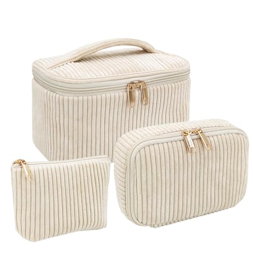 YEJAHY 3 Stück Kosmetiktasche Set Damen, Make Up Tasche aus Cord, Reise Makeup Bag, Kulturtasche Mädchen, Große Kapazität Schminktasch, für Frauen Alltag und Reisen (Khaki)