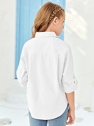 Modershe Girls Roll Up Cuffed Sleeve Button Down Shirts Cute Casual Pockets Blouses 5-14 Years Kids Loose Collared Tunic Tops White #TOP6