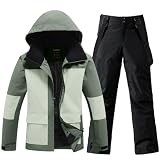 HOTIAN Ensemble veste et pantalon de ski pour homme   Respirante   Imperméable   Coupe vent   Avec capuche amovible   Ensemble de snowboard, LGR+BK, XL