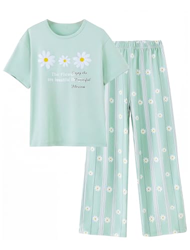 Mikrdoo Girls Pajamas Summer Cozy Short Sleeve and Pants 2Pcs Pajama Set for Kids Sleepwear Sage Green Flowers 10Years