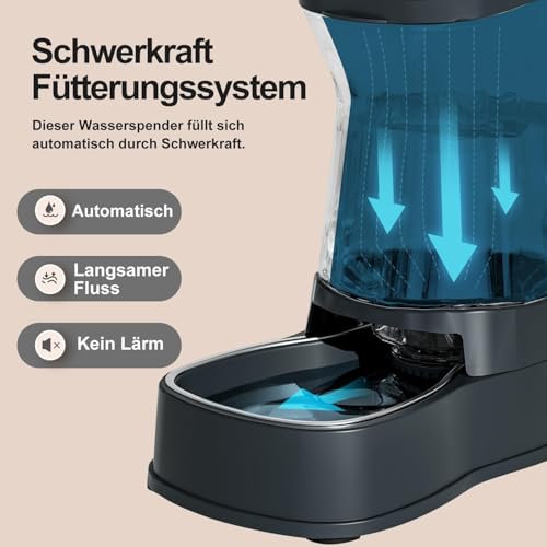 Gardner Pet Futterautomat Katze, 3.85L Wasserspender Hund mit Edelstahlschüssel, Ohne Strom, BPA Frei, Gravitation Wasserspender Katzen, für Mittlere/groß Haustiere (Grau)