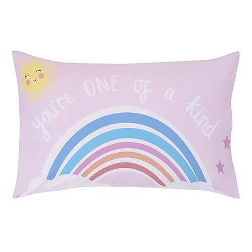 Image of Everything Kids Unicorn Pink, Blue, Yellow, and White Rainbows You're One of a Kind 4 Piece Toddler Bed Set - Comforter, Fitted Bottom Sheet, Flat Top Sheet, and Reversible Pillowcase