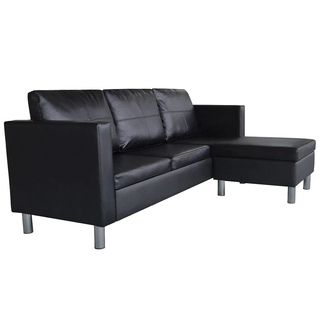 Sofá en forma de L de 3 plazas, sofá de salón, sofá acolchado, para salón, dormitorio, oficina, apartamento, centro de entretenimiento familiar, sofá de montaje, piel sintética, color negro