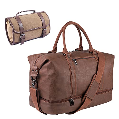 Seyfocnia Travel Duffel Bag Waterproof Weekender Leather Overnight Bag With Toiletry Bag cover