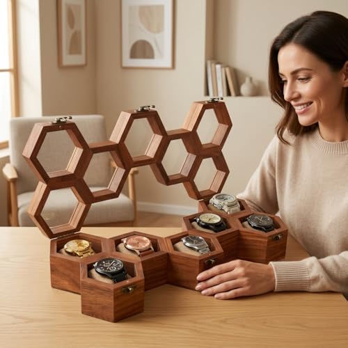 Image of Wooden Watch Box For Men & Women, 7-Slot Honeycomb Watch Organizer Case, Handmade Wooden Watch Storage Box, Unique Gift For Him & Her, Vintage Display Case,Gift For Men /Women