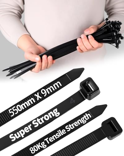 50 PCS Long Heavy Duty Cable Ties Black 550mm x 9mm with 80 KGS Ultra Strong Tensile Strength Large UV Resistant Extra Long Cable Zip Ties Wraps for HVAC Outdoor Construction