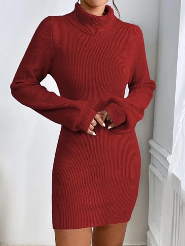 Image of Turtleneck Sweater Dress for Women Lantern Sleeve Mini Bodycon Ribbed Knit Sweater Pullover Short Dresses XS-XXL