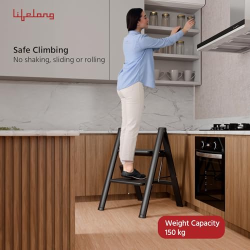 Image of Lifelong 2 Steps Steel Ladder for Home, Foldable & Portable Stairs, Versatile Use for Kitchen, Bathroom & Office Foot Stool - Multipurpose Two Step Stool with 150 Kg Capacity (LLSLS02, Black)