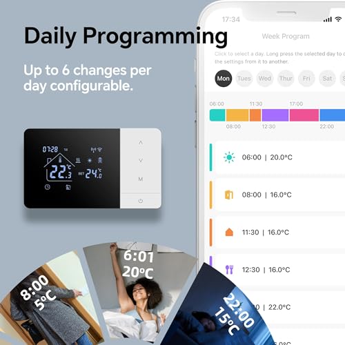 Battery-Powered 2-Wire WiFi Thermostat for Gas Boilers, Tuya Daily Programmable Thermostat, Compatible with Google Assistant& Alexa Voice Control. W506 3A (Fits 503 Junction Boxes) Black - Image 3