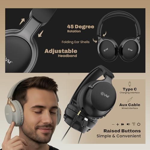 Image of EVM EnSonic Over Ear Wireless Headphones | Bluetooth 5.3+EDR | 40mm Drivers | Deep Bass Sound | 40H Playtime | HD Mic | Foldable Design | AUX Support, Lightweight | 1-Year Warranty (EVM-WHF-01-Black)