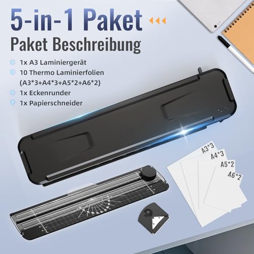 MAXDONE Laminiergerät A3, Laminiergerät, 2-Walzen System mit Papierschneider & Eckrunde, Heiß und Kalt Laminator Smooth Bubble-free, Laminiermaschine für A3 A4 A5 A6 Foto Dokumente in Schule, Büro