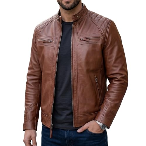 Image of Leather Jacket Men - Real Lambskin Motorcycle Jacket with Snap Tab Collar, Adjustable Waist & Zippered Pockets