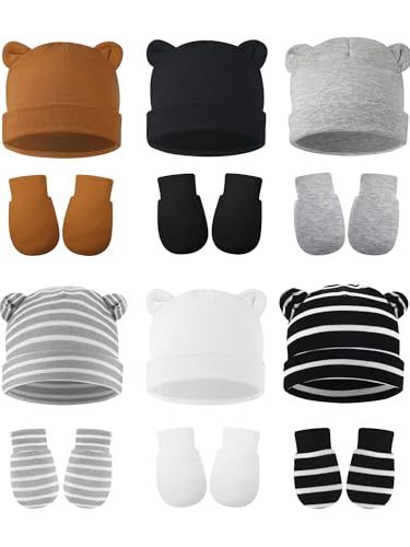 Image of Geyoga 12 Pieces Newborn Hat Mittens Gloves Set Baby Boys Girls Cotton Baby Beanie for 0-12 Months
