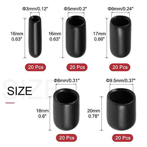 Uxcell 100Pcs Round Rubber End Caps 1/8" 3/16" 1/4" 5/16" 3/8" Black Vinyl Cover Screw Thread Protectors Assortment Kit #TOP1