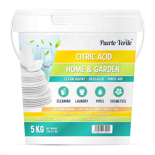 Puerto Verde • Acido Citrico 5 Kg. Acido Citrico Anidro in Polvere per Pulizia Naturale. Adatto per Lavatrice e Lavastoviglie. Sturalavandini, Lucidante, Cosmetici Fatti in Casa. Produzione Europea.