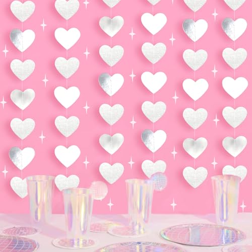 Image of Glitter-Silver White Party-Decoration Heart Garland - 39ft Birthday String Backdrop Streamer Disco Hanging Paper Banner,Graduation Engagement Wedding Bachelorette Bridal Shower Winter Christmas Decor
