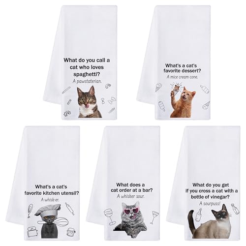 R HORSE 5Pcs Cats Kitchen Towels Set - Funny Cat Pun Jokes