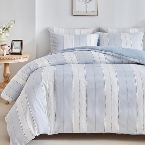 WARMDERN Striped Duvet Cover Blue King, Blue with White Striped Weave Pattern Bedding, Microfiber Soft Textured Duvet Cover Set with Zipper Closure and Corner Ties (Blue, King)