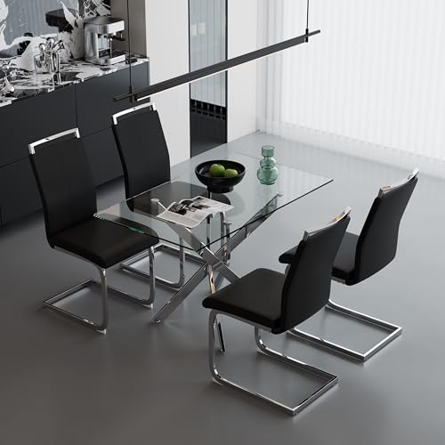 Image of 5 Piece Glass Dining Table Set for 4, Modern Tempered Glass Top Kitchen Table and Chairs Set, 4 Upholstered Chairs and Faux Leather Cushions, Space-Saving Small Apartment Dining Set