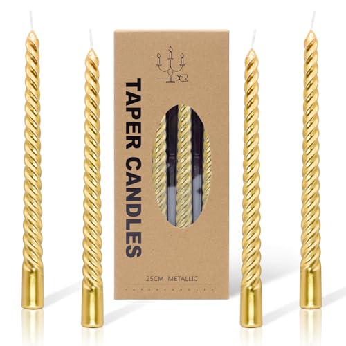 Alederways Dinner Candles, Gold Tapered Candles Pillar Spiral Twisted Long Candles Non Drip for Wedding Halloween Valentine's Day Christmas Birthday Party Decoration 4Pcs