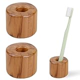HTB Toothbrush Holder for Bathroom,2 Pack Teak Wood Toothbrush Stand Organizer Base Station Hollow...