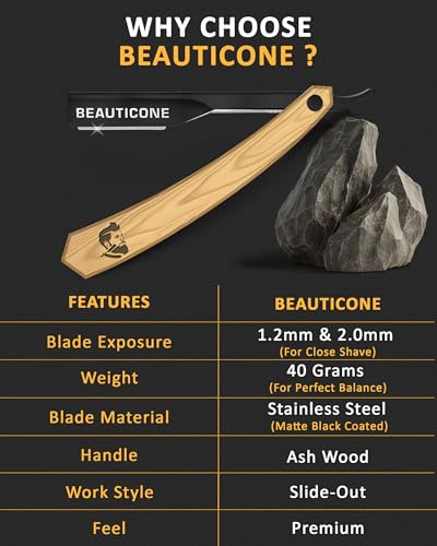 Image of BEAUTICONE Straight Razors for Men, Straight Edge Razor, Single Edge Replacement Blades, Stainless Steel, Barber Razor for Men's Shaving, Barber Shaving Knife (Ash Wood)