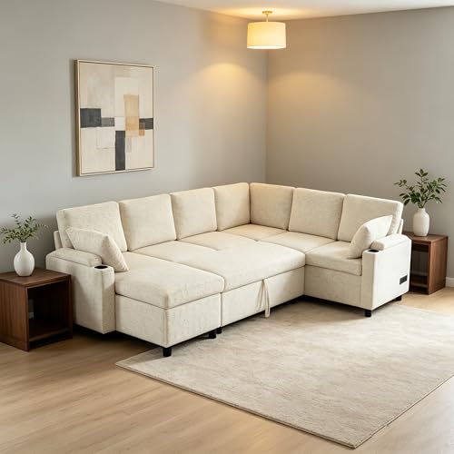 Image of ERYE 110-Inch U-Shaped Left Facing Sleeper Sectional Sofa Chenille Upholstered Corner Convertible Pull Out Sleeper Sofabed with Cupholders,Armrests Storage and USB Ports