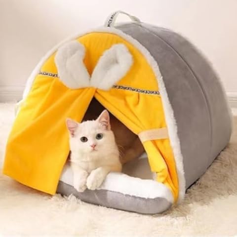 Rabbit Ear Cat Bed, Cute Cat Tent with Curtain Design for Winter, Cat House, Cat Beds for Indoor Cats, Pet Bed with Cushion Pillow (Yellow, L) Cover