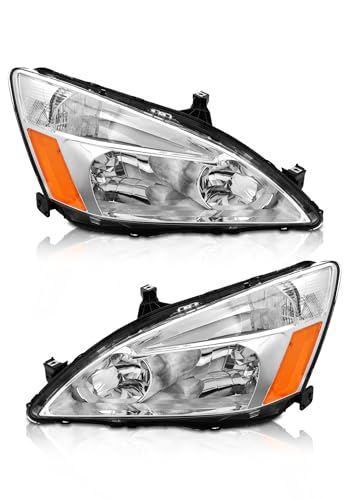 Headlight Assembly for Honda 03 04 05 06 07 Accord compatible with 2003-2007 Accord 2/4dr Headlamp Chrome Housing Amber Reflector Clear Lens Left + Right Pairs(ONLY coupe/Sedan & W/O Bulbs)