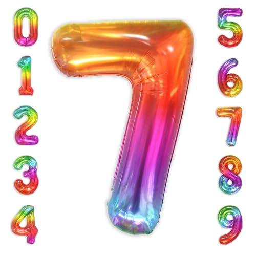 Image of SUWEN Rainbow Number 7 Balloon 40 Inch,Big Colorful Balloons 0-9 | Large Gradient Jelly 7th Helium Foil Mylar Number Multicolor Balloons for Birthday Anniversary Party Decorations
