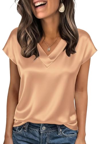 OLIPHEE T-Shirt Satin Tee Shirt Femme Col V Manches Courtes Top Femme Été Chemisier Femmes Satin décontracté Travail Tshirt Femmes Été Élégant Rose M