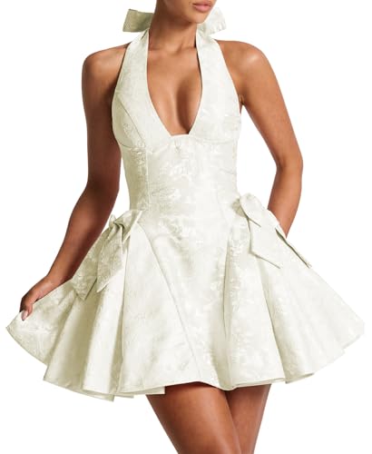 Azhong Women's Summer Backless Deep V Neck Halter Jacquard Mini Dress A-line Ruffle Lace Up Back Bow Short Dress White