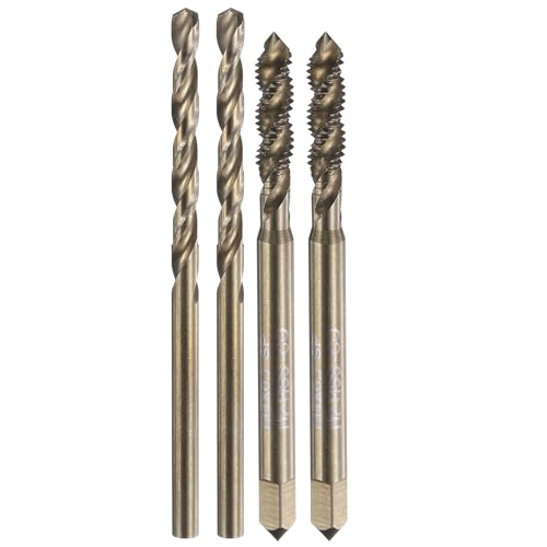 sourcing map Tap and Drill Bit Set, 2pcs M4 x 0.7 Metric Spiral Flute Thread Screw Taps & 2pcs 3.3mm Twist Drill Bits, Roasted Yellow M35 HSS-CO Tapping Threading Tool Kit