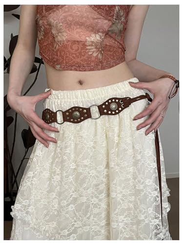 WDIRARA Women's Vintage Rivet Leather Belts Western Cowgirl Waist Belt for Jeans Dresses2