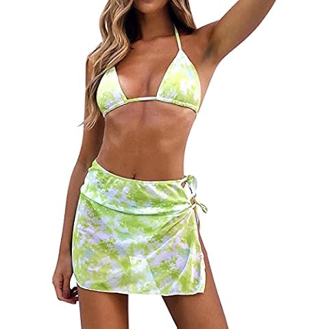 Women's 3 Piece Tie Dye Bikini Set Swimsuit Triangle Halter Bra Top Briefs Bottom Cover up Wrap Skirt Bathing Suits - Multi - Medium Cover