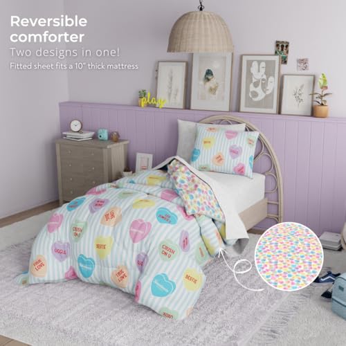 Image of Sweethearts Original Candy Hearts Bedding 5 Piece Twin Bed Set, Soft Cozy Nostalgia Reversible Comforter and Sheet Set with Sham, Officially Licensed Product By Franco