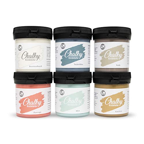 LM-Kreativ Chalky Pintura a la tiza, 6 x 100 ml (St Tropez) – Pintura de acabado a la tiza para un aspecto vintage/shabby chic. La pintura a la tiza también se puede utilizar como pintura para madera